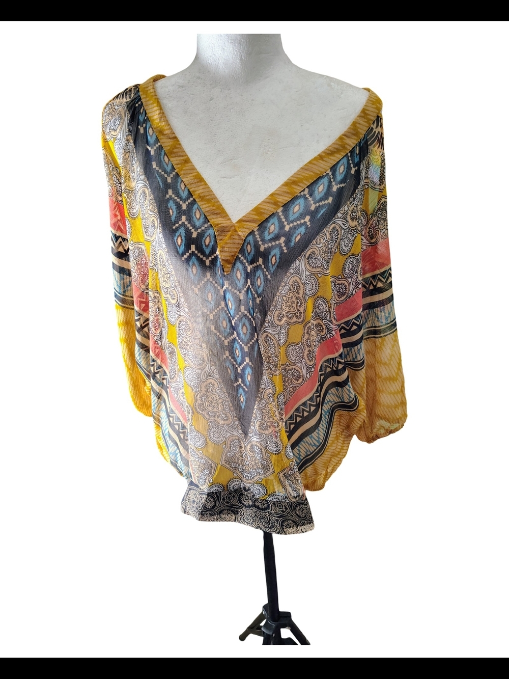 Wet Seal Yellow Multicolor V-Neck Boho Print Top